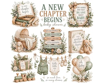 Salbei Grün Baby Shower Clipart | Ein neues Kapitel beginnt Vintage Aquarell Kinderzimmer Grafiken | Neutraler Teddybär & Märchenbuch PNG Bundle