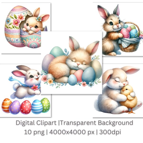 Cute Easter Bunny Clipart, Easter Clipart Bundle, Bunnies Clipart, Easter Eggs, Basket, Balloon, Baby Nursery Decor, PNG, Commercial Use