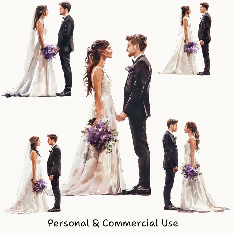 May include: A collection of watercolor paintings depicting couples in wedding attire. The paintings feature a variety of poses and styles, with the couples looking lovingly at each other. The paintings are set against a white background.