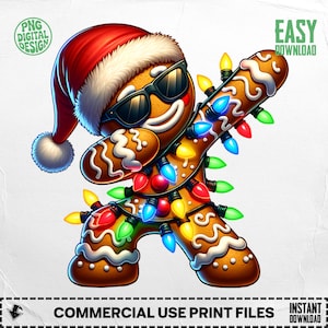 Puede incluir: Un hombre de jengibre con gafas de sol y un gorro de Papá Noel, haciendo un dab con una guirnalda de luces navideñas de colores. La imagen incluye el texto "PNG DIGITAL DESIGN", "EASY DOWNLOAD", "COMMERCIAL USE PRINT FILES" y "INSTANT DOWNLOAD".