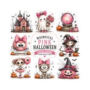 Pink Halloween Clipart Bundle, Cute Pastel Ghost PNG, Whimsical Girly Spooky Graphics, Pink Haunted House, Halloween Sublimation Designs image 1