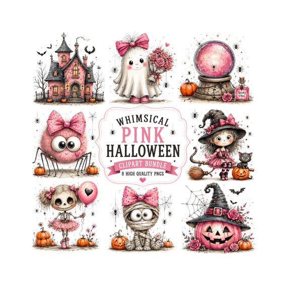 Pink Halloween Clipart Bundle, Cute Pastel Ghost PNG, Whimsical Girly Spooky Graphics, Pink Haunted House, Halloween Sublimation Designs