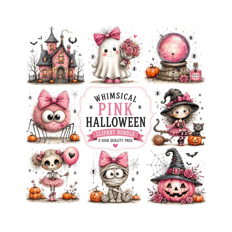 Pink Halloween Clipart Bundle, Cute Pastel Ghost PNG, Whimsical Girly Spooky Graphics, Pink Haunted House, Halloween Sublimation Designs image 1