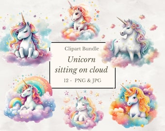 12 Unicorn sitting on cloud Watercolor Clipart jpg & png, Unicorn Сlip art, cute Unicorn, Baby Unicorn png, Unicorn clip art, commercial use