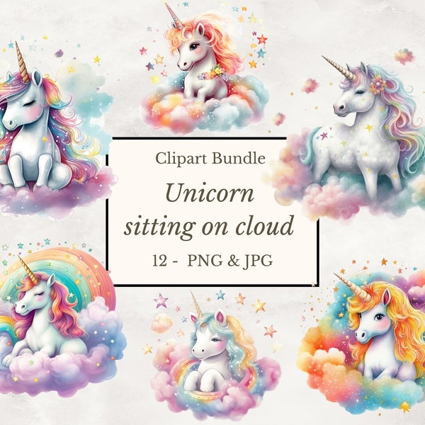 12 Unicorn sitting on cloud Watercolor Clipart jpg & png, Unicorn Сlip art, cute Unicorn, Baby Unicorn png, Unicorn clip art, commercial use