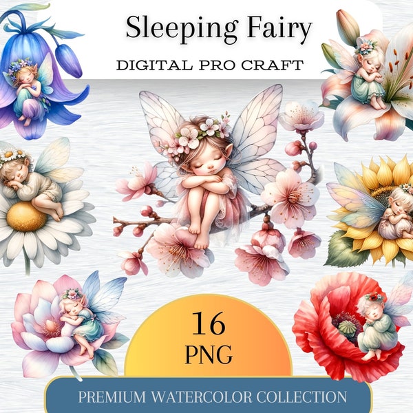 Fées endormies et fleurs Clipart bundle, Fantasy clipart bundle, Ensemble de 16, Fond transparent, Utilisation commerciale, Téléchargement instantané