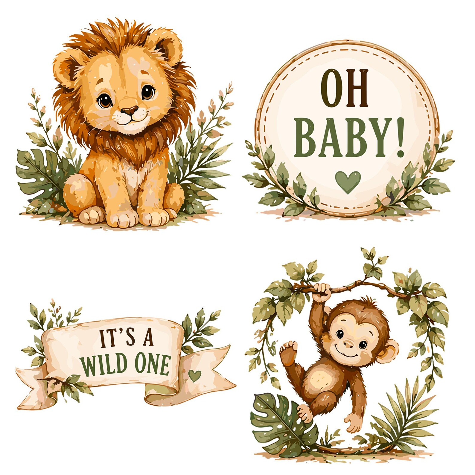Safari Baby Shower Clipart Bundle, Watercolor Jungle Animal PNG, Wild ...