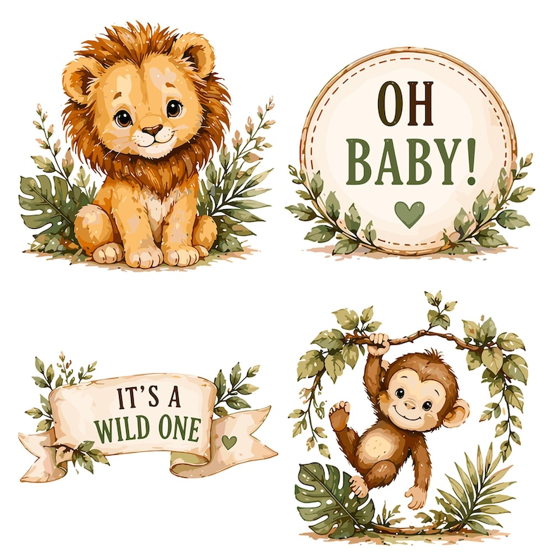Safari Baby Shower Clipart Bundle, Watercolor Jungle Animal PNG, Wild ...