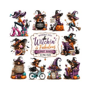 Pode incluir: Um pacote de clipart digital com dez ilustrações de bruxas com cabelos cacheados, chapéus pontudos, gatos pretos, abóboras e poções. O texto central diz Wickedly Cute Witchin' & Fabulous Clipart Bundle 10 PNG Files em uma moldura.