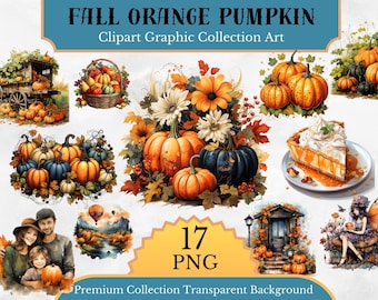 Orange Pumpkin clipart, Halloween digital stickers, cottagecore clipart, fall clipart, Pumpkin wall decoration, Watercolor Halloween clipart