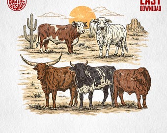 Pode incluir: Ilustração digital de seis raças de gado em uma paisagem desértica com um sol poente. A imagem inclui um cacto e o texto "PNG DIGITAL DESIGN", "EASY DOWNLOAD" e "COMMERCIAL USE PRINT FILES".