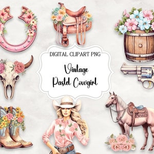 Vintage pastel cowgirl clipart - Wild Western png digitale afbeeldingsdownloads voor kaarten maken, plakboek, ongewenste dagboek, papier ambachten