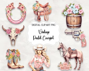 Vintage  Pastel Cowgirl Clipart - Wild Western PNG Digital Image Downloads for Card Making, Scrapbook, Junk Journal, Paper Crafts