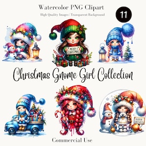 Watercolor Christmas Girl Gnomes Collection Clipart – 11 PNG Christmas Clipart, Christmas Gnome Clipart, Festive Gnome Bundle, Commercial Us