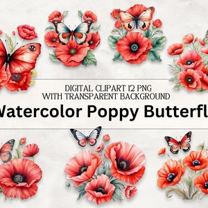 Papoula aquarela|Borboletas vermelhasGráficos de clipart digital versáteis|Designs PNG de alta qualidade para designers de cartões e educadores| Downloads instantâneos