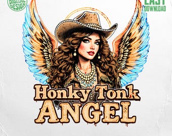 Honky Tonk Angel PNG, Western Cowboy Hat Wings Design, Vintage Country Music Graphic, Retro Sublimation, Instant Download