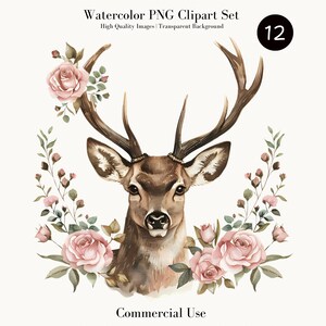Aquarel vintage herten en bloemen PNG-clipartset, digitale download, commercieel gebruik graphics, natuurkunst, junk Journal, Forster Animal