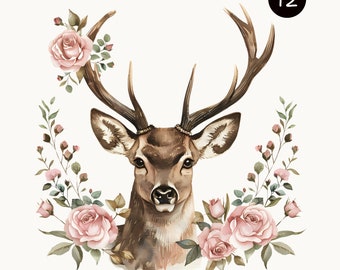 Watercolor Vintage Deer and Floral PNG Clipart Set, Digital Download, Commercial Use Graphics, Nature Art, Junk Journal,Forster Animal