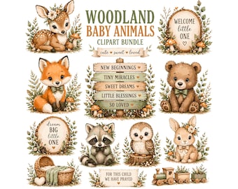 Paquete de imágenes prediseñadas de animales bebés del bosque / PNG de animales del bosque en acuarela / Gráficos para guardería para baby shower, álbumes de recortes, decoración DIY, zorro, oso