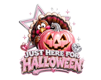 Pavo rosa de Halloween PNG / Solo aquí para Halloween Diseño de sublimación / Calabaza rosa divertida de Acción de Gracias Descarga digital / Archivo DTG con purpurina