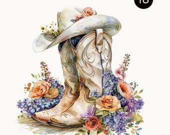 Cowgirl Bride Boots and Wedding Hat Clipart,Western Bridal Watercolor PNG, Rustic Wedding Decor,Country Style Floral Graphics,Commercial Use