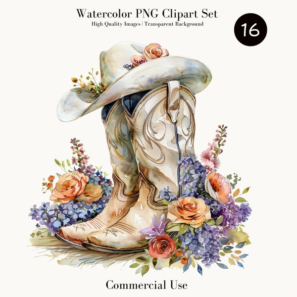 Cowgirl Bride Boots and Wedding Hat Clipart,Western Bridal Watercolor PNG, Rustic Wedding Decor,Country Style Floral Graphics,Commercial Use