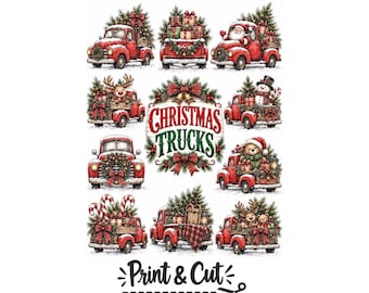 Vintage Red Christmas Truck Clipart Bundle | Holiday PDF , Card Making & Stickers | Rustic Winter Farm Truck Digital Art