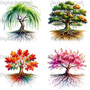 Watercolor Tree with Roots Clipart, Forest Tree Scrapbooking Clipart Set,Family Tree PNG Bundle,Nature Seasonal Tree Sublimation Png Designs