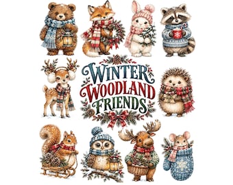 Winter Woodland Animals Clipart | Cute Christmas Forest Friends PNG Bundle | Watercolor Holiday Graphics for Cards, Junk Journals & Nursery