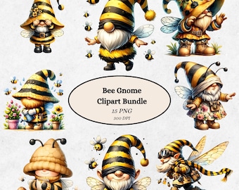 Bee Gnome Clipart Bundle, Digital Download, Spring Bee Graphics, Cute Garden Gnome Illustrations for Crafts, Planner Stickers, 300 DPI PNG