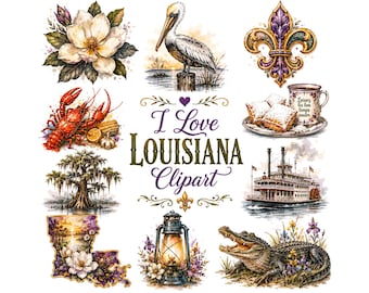 Louisiana Clipart Bundle, New Orleans PNG, Fleur de Lis, Crawfish, Bayou Alligator, Watercolor Southern Graphics, Digital Instant Download