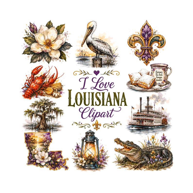 Louisiana Clipart Bundle, New Orleans PNG, Fleur de Lis, Crawfish, Bayou Alligator, Watercolor Southern Graphics, Digital Instant Download image 1