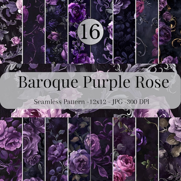 Baroque Purple Rose Digital Paper set of 16 , seamless dark floral backgrounds pattern gothic rococo floral oil paint textures