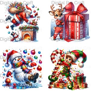 Grillige kerstman springt met cadeaus - kleurrijke kersttijd PNG-clipart voor directe download en T-shirt Design, sneeuwpop png, winter