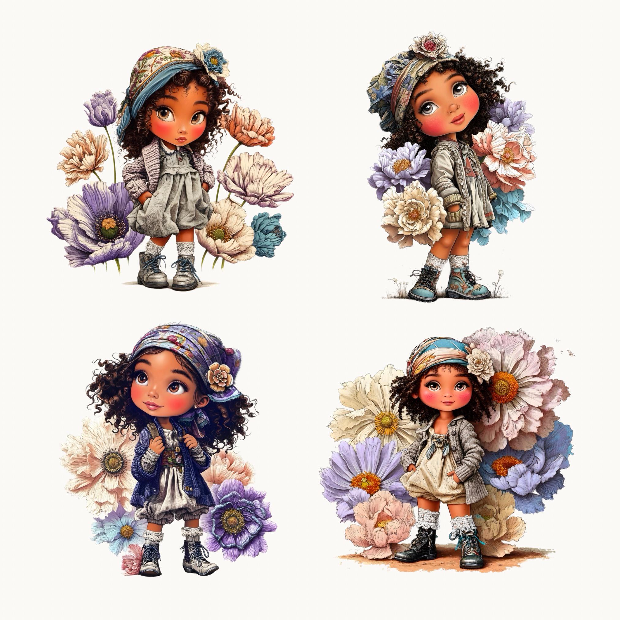 Little Girl Floral Clipart Bundle | Whimsical Girl Flower PNG | Cute ...