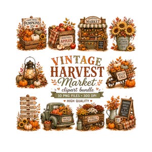 Puede incluir: Un paquete de imágenes prediseñadas digitales con un tema de mercado de cosecha vintage. La imagen incluye ilustraciones de calabazas, manzanas, girasoles, puestos de mercado y una camioneta vintage. El texto incluye "Vintage Harvest Market" y "Hello Fall".