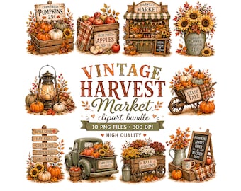 Vintage Harvest Market Clipart Bundle | Autumn Pumpkin PNG | Rustic Fall Truck Graphics | Farmhouse Apple Market Clipart | 10 PNG Files