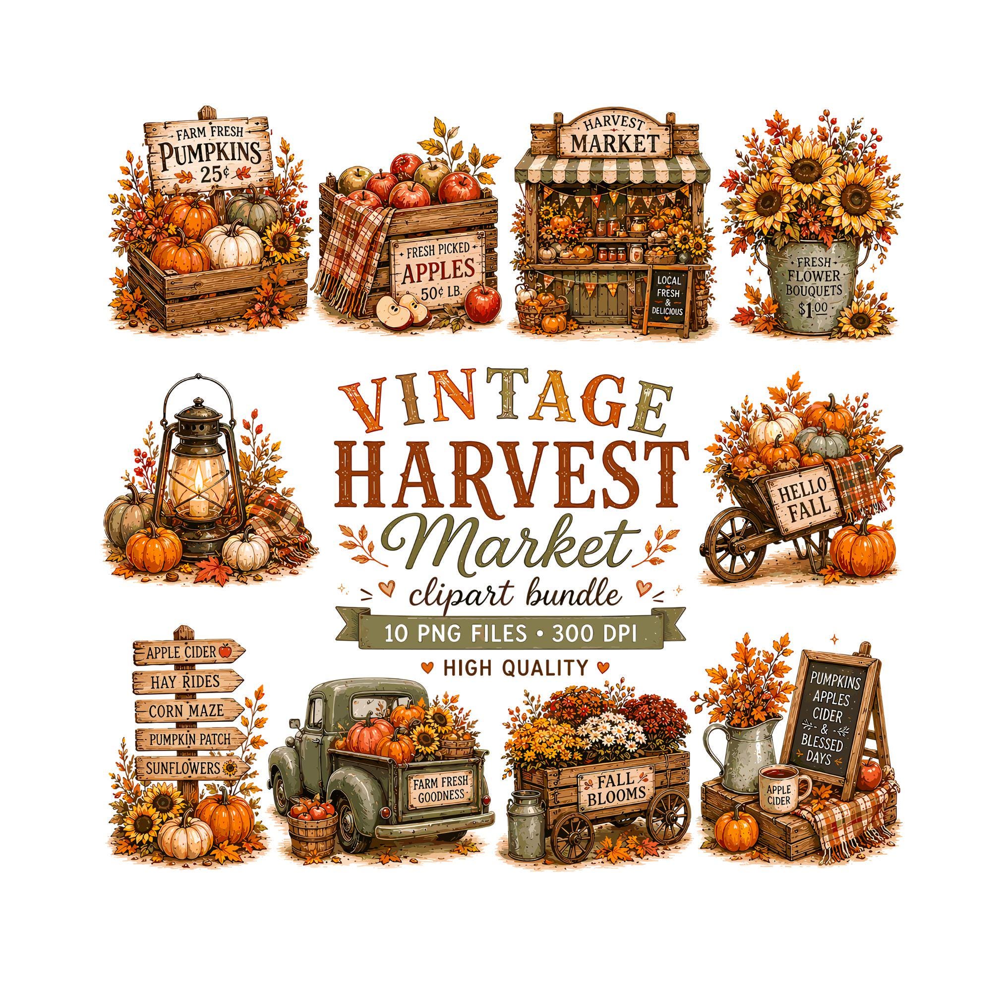 Vintage Harvest Market Clipart Bundle | Autumn Pumpkin PNG | Rustic ...