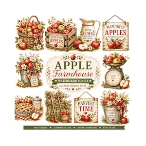 May include: A digital watercolor collection featuring ten apple-themed illustrations including baskets, crates, a pitcher labeled Apple Cider, a kitchen scale, a pie, a ladder, and signs with text like Farm Fresh Apples and Harvest Time.