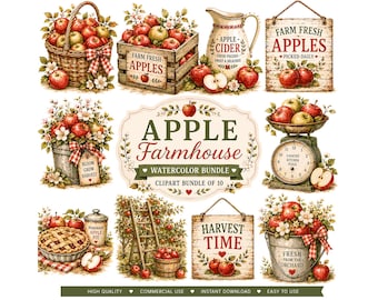 Watercolor Apple Farmhouse Clipart Bundle | Rustic Autumn Harvest Graphics | Vintage Apple Picking Illustrations | Digital Fall PNG Bundle