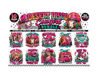Desert Disco Cowgirl Clipart Bundle | 10 Retro Western PNG Designs | Pink Cowboy Hat & Disco Ball Sublimation | Nash Bash Graphics | PNG