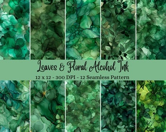 Seamless Leaves and Floral Alcohol Ink Patterns, Green Botanical Digital Paper, Scrapbooking Background, Planner Stickers, Commercial Use