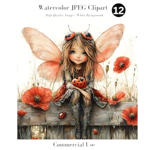May include: A watercolour illustration of a fairy with red wings and a ladybug sitting on a fence with red poppies. The fairy is wearing a red dress and has brown hair and blue eyes.