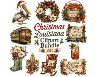 Louisiana Christmas Clipart Bundle | Cajun Holiday PNG | Southern Bayou Vintage Illustrations, New Orleans Streetcar, Pelican, Crawfish Boil