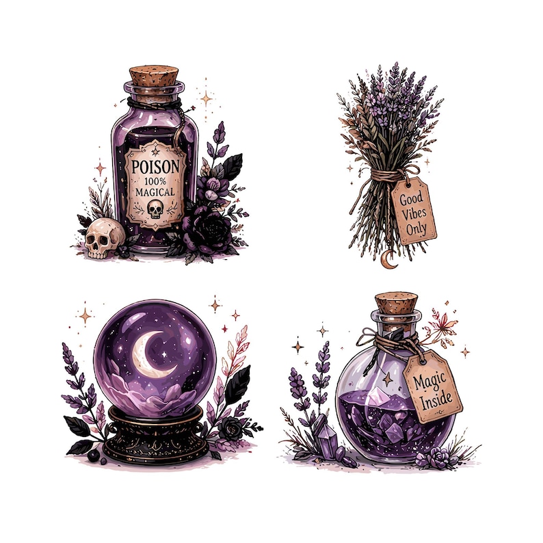 May include: A collection of four mystical illustrations. Includes a purple potion bottle labeled "POISON 100% MAGICAL" with a skull, a bundle of lavender with a "Good Vibes Only" tag, a crystal ball with a crescent moon, and a potion bottle with a "Magic Inside" tag.