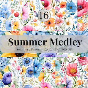 Summer Floral Medley Digital Paper - Watercolor Flower Backgrounds - 16 Designs - 12x12 in - Commercial Use - Floral Sublimation