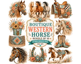 Western Horse Clipart Bundle | 10 Boho Horse PNGs, Cowboy Boots,Saddle,Horseshoe | Floral Equestrian Graphics for Sublimation & Boutique DIY