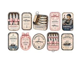 Vintage Sardine Can Clipart Bundle | Coquette Tinned Fish Graphics | Nautical Retro Labels with Bows | Coastal Junk Journal PNG Set