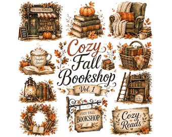 Cozy Fall Bookshop Clipart Bundle | Autumn Aesthetic Books & Pumpkins PNG | Dark Academia Scrapbooking Graphics | Digital Watercolor Art