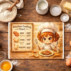 Könnte beinhalten: Eine Küchenillustration mit einem Cartoon-Koch und einer Kochtabelle. Die Tabelle zeigt die Kochtemperaturen für Rind, Schwein und Geflügel. Um die Illustration herum befinden sich Zutaten wie Mehl, Eier, Butter und andere Kochutensilien.